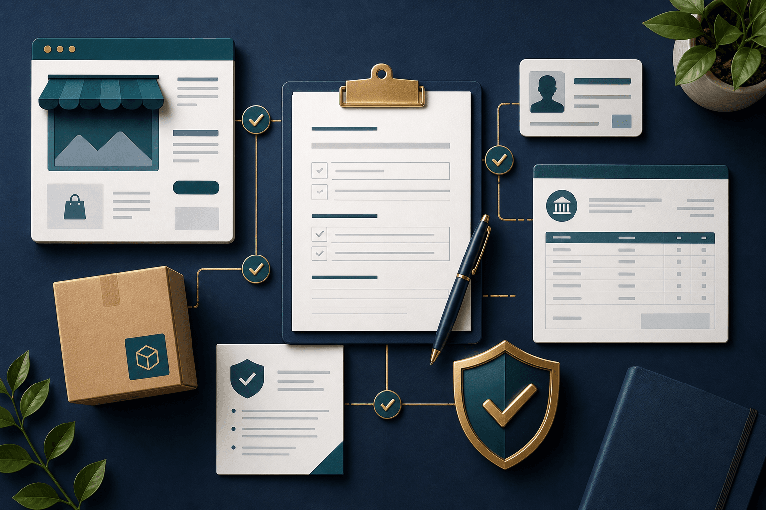 Merchant account application checklist with business documents, bank statement and ecommerce website