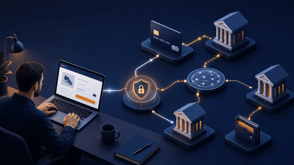 Online merchant connected securely to banks and payment networks involved in processing a card payment