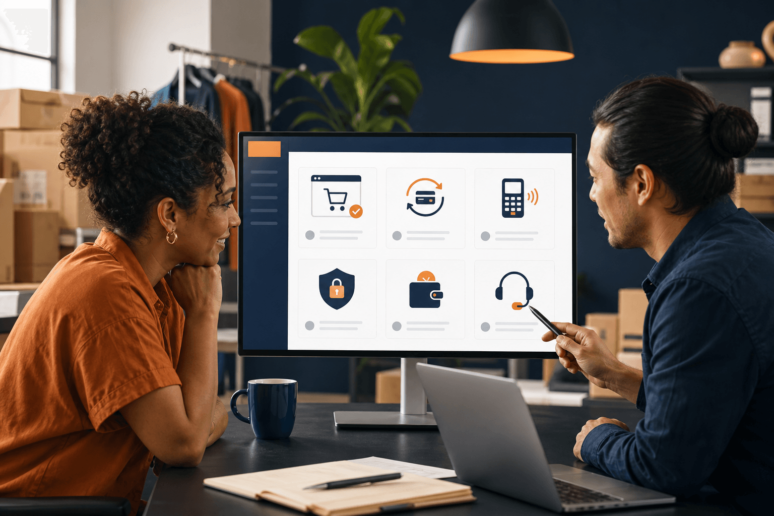 Merchant reviewing payment processor features including ecommerce, recurring billing, security, payouts and support